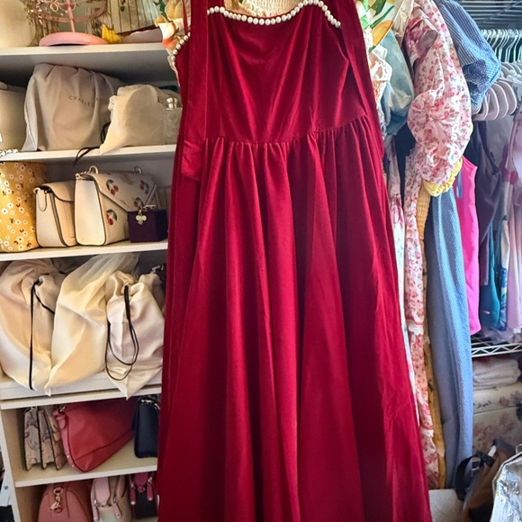 JessaKae Dresses & Skirts - JessaKae Red Velvet Pearl-Trim Maxi Dress